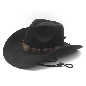 Western Cowboy Hat Suede Felt Wide Brim Vintage Star Buckle Adjustable Windproof Rope Outdoor Unisex
