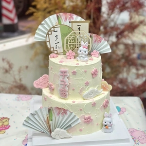 Traditional Chinese style double-tier rabbit cake decor with cute bunnies and fans