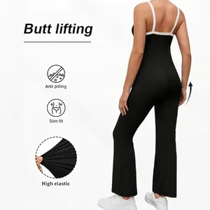 Slim-fit maternity jumpsuit with thin straps and butt-lifting flare pants for yoga