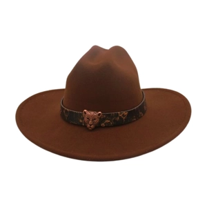 Detailed view of dark brown wool felt fedora with vintage bronze leopard head buckle