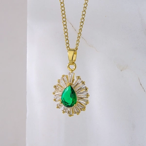 Elegant gold-plated necklace with sunflower pendant and green teardrop zircon crystals