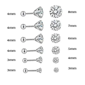 Size chart for stainless steel zircon stud earrings with various diameters and rod lengths