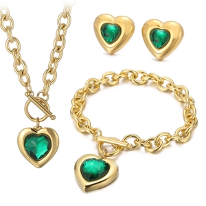 Heart Pendant Jewelry Stainless Steel Crystal Glass OT Buckle Toggle Clasp Necklace Bracelet Earrings For Women