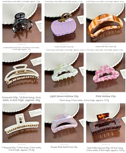 Detailed grid of nine acetate hair clips in various patterns and specific dimensions