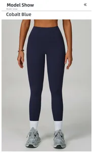 Detail view of cobalt blue high-waisted yoga leggings with premium matte elastic fabric