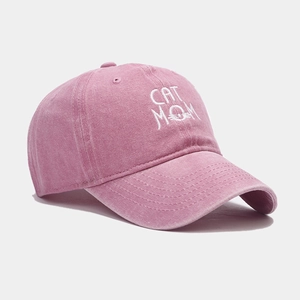 Vintage washed pink baseball cap with white CAT MOM embroidery and cat whiskers