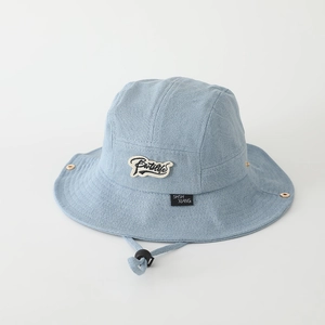 Close-up of light blue denim bucket hat with white embroidery and windproof cord