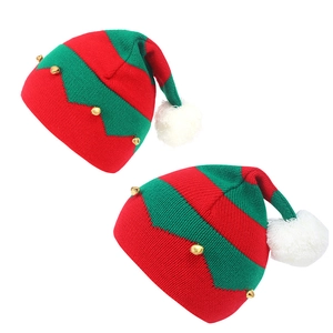Christmas Elf Knitted Hat Striped Warm Winter Holiday Party Cap With Bells Pom Pom For Adults Kids Festive Wear