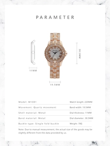 Diagramme détaillé des paramètres pour montre rose doré M1081 avec mouvement à quartz
