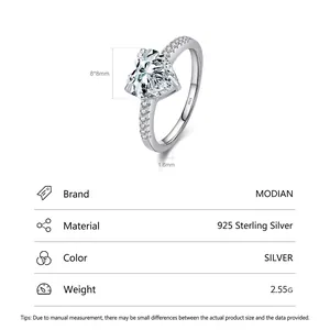 S925 sterling silver heart-shaped engagement ring with a brilliant 2-carat zirconia stone