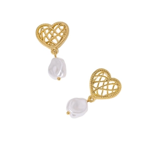 Minimalist 18K gold plated stainless steel heart stud earrings with baroque pearls