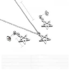 Detailed view of hollow star necklace and earrings set in polished stainless steel