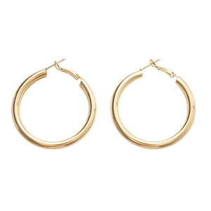 Polished golden stainless steel round hoop earrings for women in a minimalist classic style