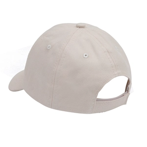 Detail view of the beige cotton canvas baseball cap showing 6-panel structure and stitching