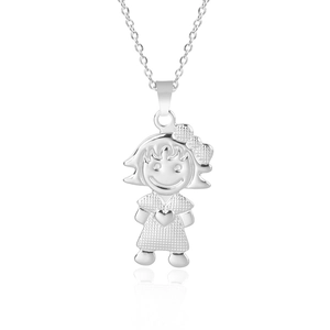 Close-up of girl-shaped stainless steel pendant with heart dress and bow detailing
