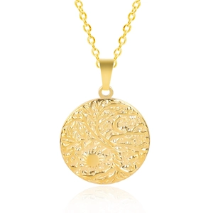 Macro detail of 18K gold stainless steel Tree of Life pendant with sun and moon motifs
