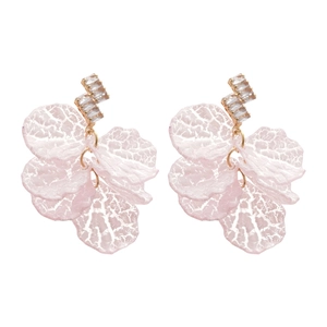 Pink shell petal tassel earrings with zircon studs in gold finish on white background
