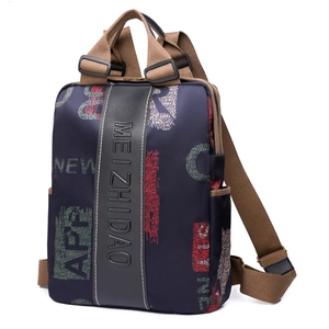 Deep blue printed backpack with brown straps and stylish pattern on white background
