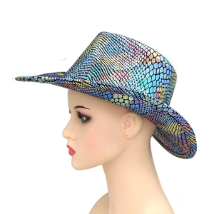 Metallic snake skin texture western cowboy hat with colorful gradient finish in side view