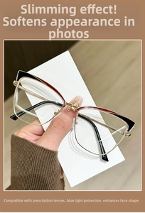 Detailed view of cat-eye metal glasses frame with black and gold anti-blue light lenses