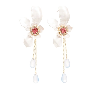 Sparkling crystal flower earrings with long gold tassels and white teardrop pendants