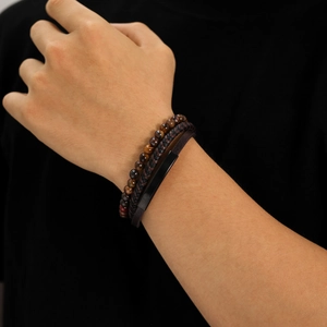 Men's multi-layer bracelet with brown tiger eye beads and braided leather bands