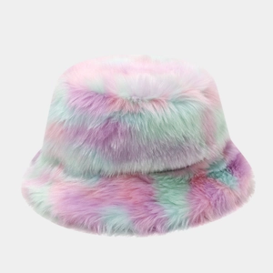 Colorful tie-dye faux fur bucket hat with warm plush texture for winter outdoor wear