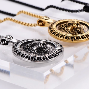 Retro Viking lion head pendant necklace in gold and silver finish with sunray detail
