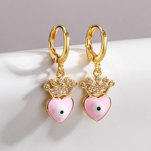 Elegant gold-plated crown heart evil eye earrings with pink enamel and sparkling zircons