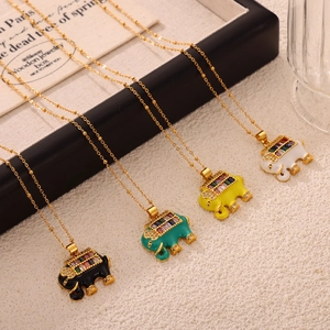 Four colorful elephant pendants with enamel and cubic zirconia on gold plated necklaces