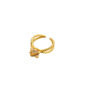 Elegant gold double-layered open ring with sparkling zircon and braided texture details