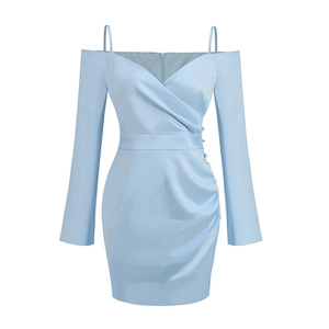 Detail of light blue satin dress with cross V-neck and ruffled side texture design
