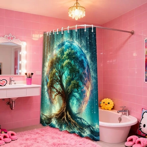 Fantasy Tree of Life shower curtain with vibrant blue nebula patterns in a modern bathroom