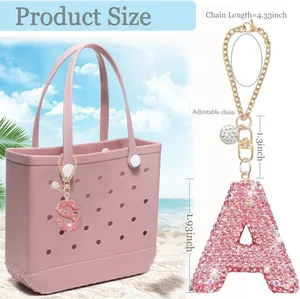 Pink rhinestone letter charm with adjustable 4.33 inch chain for beach bags and cups