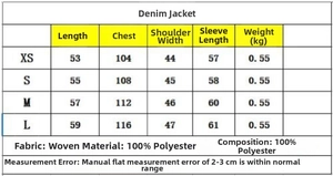 Tableau détaillé des tailles pour veste en jean avec mesures et composition du tissu