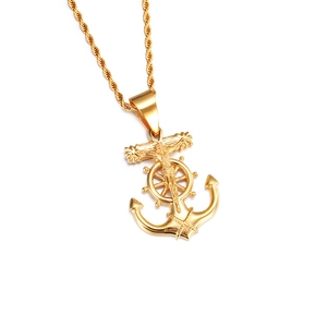 Men's gold titanium steel necklace featuring a cross crucifix and anchor pendant design