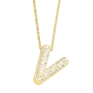 Detail of gold letter V necklace with pavé cubic zirconia on a dainty chain