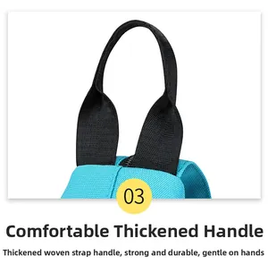 Close-up of reinforced cross-stitched thick carry handle on durable blue fabric bag