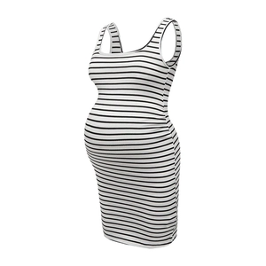 Sleeveless maternity bodycon midi dress in black and white stripes with side ruching