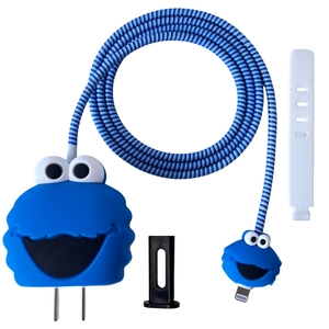 Blue Cookie Monster silicone cover for 20W power adapter and spiral cable wrap kit