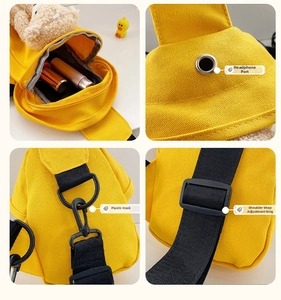 Detailed views of kids canvas bag showing headphone port, adjustable strap and inner pocket