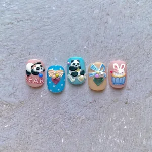 Stickers à ongles 3D en relief avec pandas, lapins et nœuds mignons, lot de 5