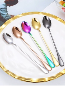 Set of 5 long handled stainless steel spoons in silver, rose gold, rainbow, gold and black