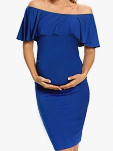 Abito premaman blu reale con spalle scoperte, volant e silhouette slim fit