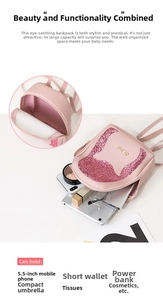 Macro view of inner storage space and pink sequin fabric on mini backpack