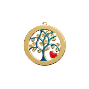 Detail of life tree pendant with blue enamel and white crystals on golden steel base