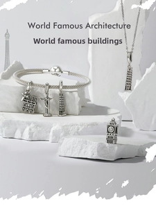 Detailed macro view of world landmark charms on s925 silver bracelet and necklace