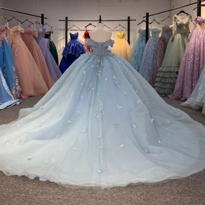 Sky blue off-shoulder ball gown with floral butterfly appliques and long train