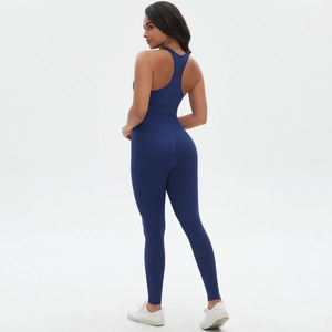 Two-piece dark blue seamless yoga set with sports bra and high-waist leggings