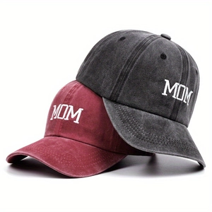 Washed cotton baseball caps in dark grey and red featuring MOM embroidery detail